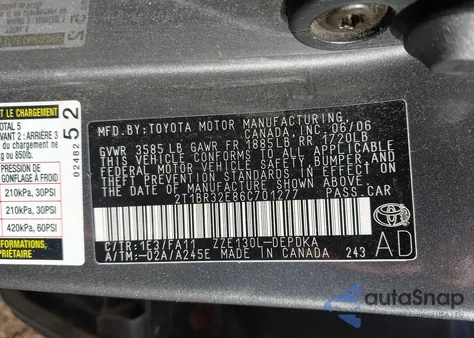 2006 Toyota Corolla Ce z USA, uszkodzony, nr VIN 2T1BR32E86C701277